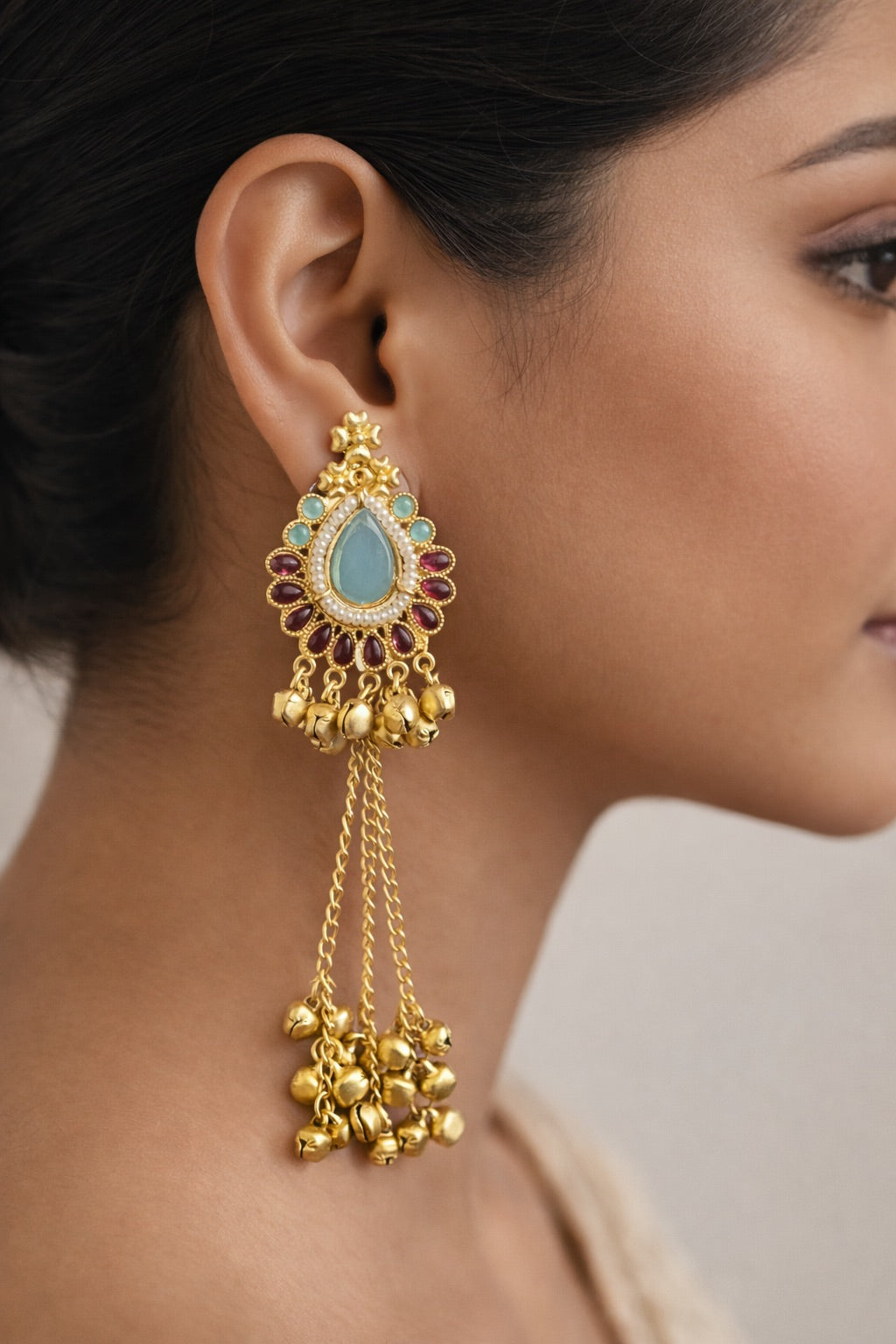 Blue and Pink tassel Kashimiri style Jhumka