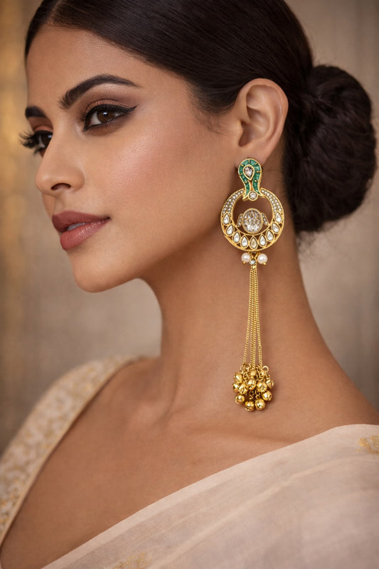 Green - gold Long Tassel Kashmiri style Jhumka
